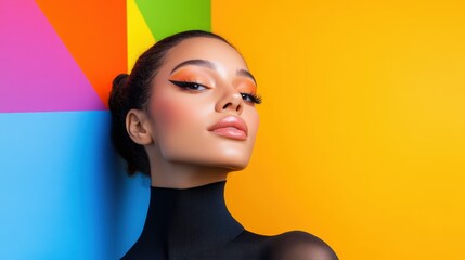 Naklejka premium Woman Posing Against Vibrant Colorful Background
