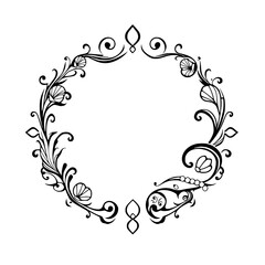 Black floral line art circle pattern frame with scrolls, flourishes, leaves, and a clean white background, creating a decorative ornamental design.