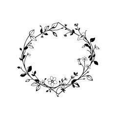 Delicate, black-and-white floral wreath, circular with a botanical style, surrounded by a white background.
