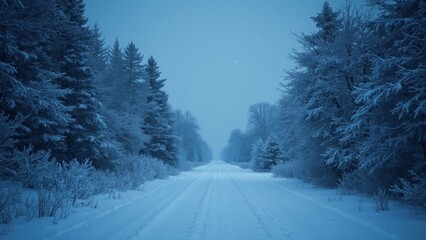 Obraz premium A Quiet Winter Pathway Framed by Tall, Snow-Covered Trees Softly Contrasts Against a Deep Blue Sky