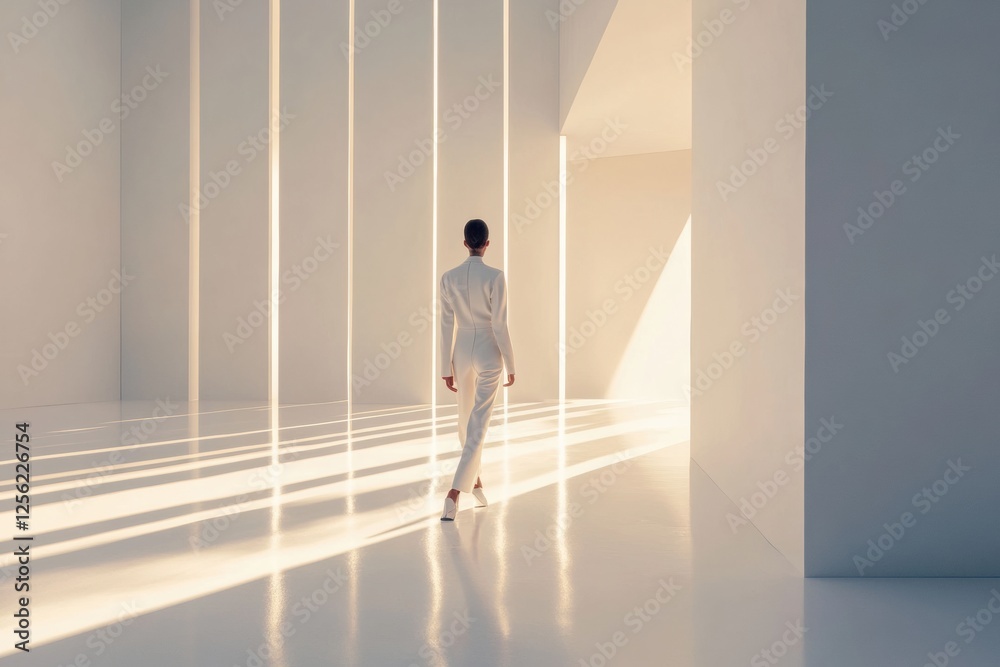 Poster Model walks through a minimalistic runway space with soft lighting and clean lines at a contemporary fashion event. Generative AI
