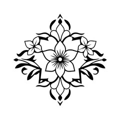 Symmetrical floral design in bold black lines with flowers.
