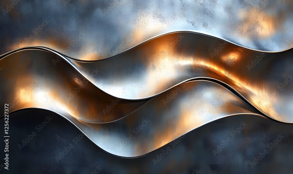 Poster abstract metallic waves with reflective surfaces in shades of gray and copper tones creating a dynam