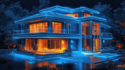 Futuristic House Design at Night, Illuminated by Neon Lines, Woods in Background