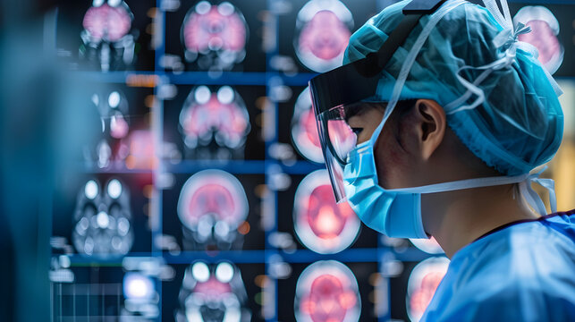 Surgeons in an operating room using augmented reality technology to guide brain surgery, displaying critical brain data and scans in 3D.