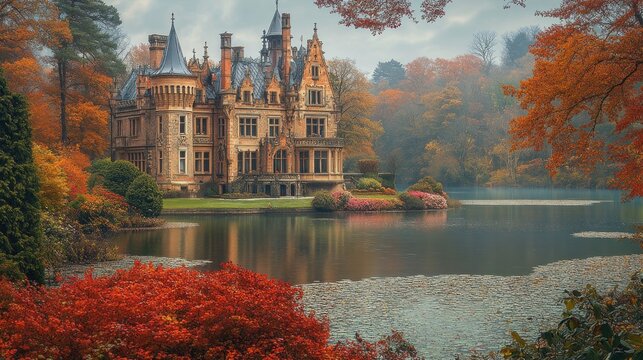 Autumnal Chateau by a Misty Lake