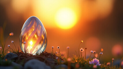 Beautiful glass egg sculpture glows against a sunset backdrop with wildflowers in a tranquil garden setting