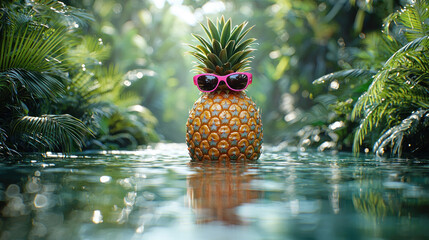 Pineapple with sunglasses in jungle stream, summer vibes
