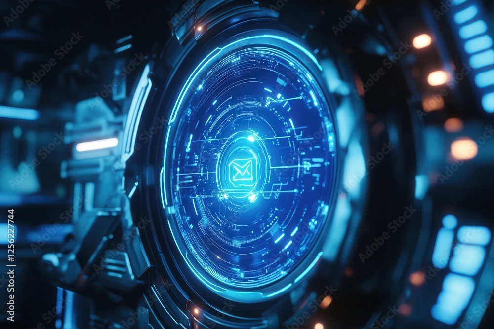 Poster futuristic ai robotic encryption in action, cyber protection shield display, a visual representation
