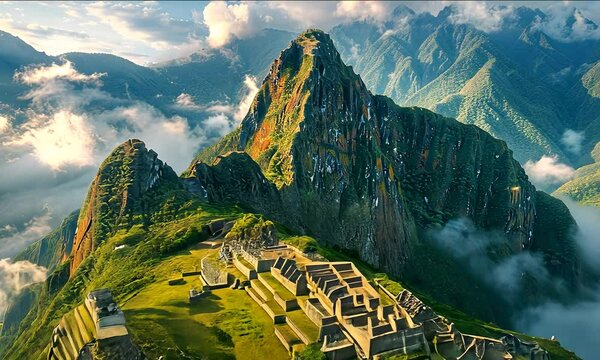 Ancient city in Peru, archeological site in the middle of tropical mountain forest, beautiful panorama with mountains and clouds