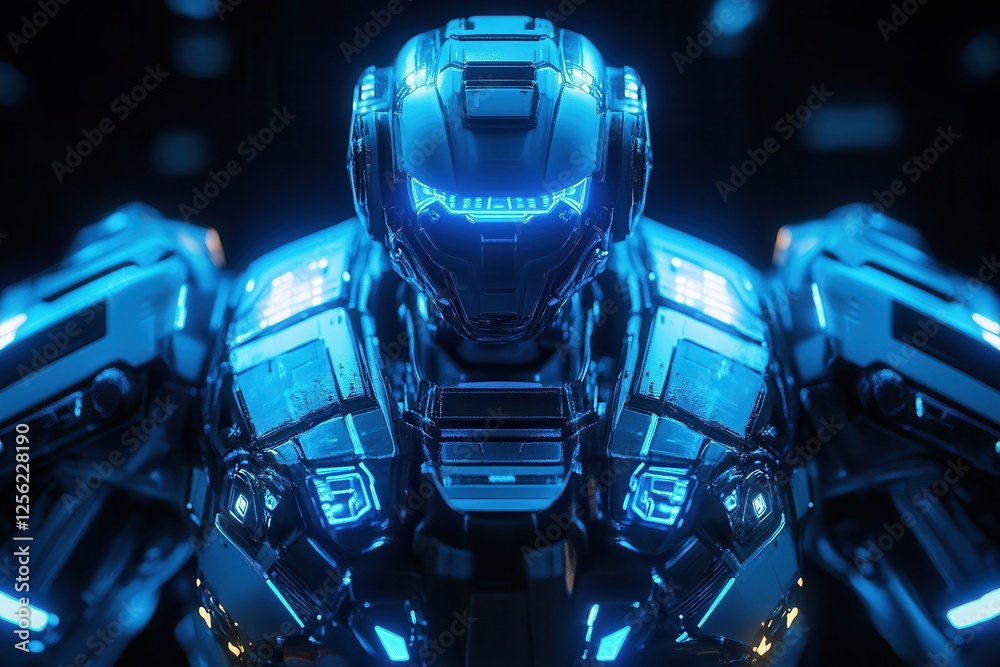 Poster futuristic ai robot with illuminated blue lights . a modern robot featuring bright blue lights, repr