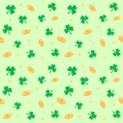 seamless Saint Patrick symbols pattern with green shamrock clover leaves and gold on green background 