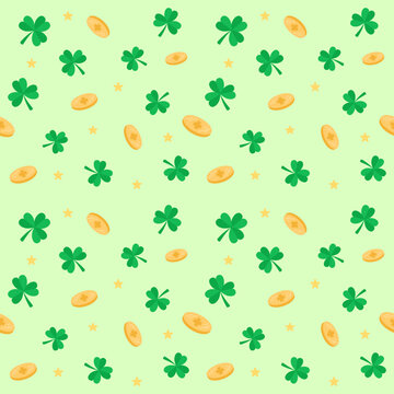 seamless Saint Patrick symbols pattern with green shamrock clover leaves and gold on green background 