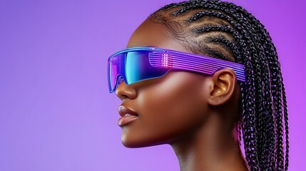 A young Black woman with braided hair wears futuristic sunglasses, exuding confidence against a vibrant purple backdrop.
