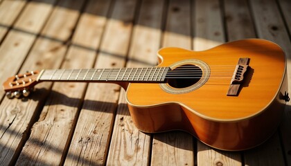 Fototapeta premium Acoustic guitar resting on wooden floor with warm sunlight and cozy ambiance