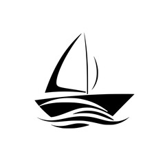 Black and white minimalist line art illustration of a sailboat sailing on stylized waves.
