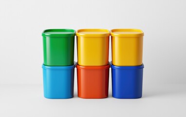 Elevated view of colorful plastic storage containers in a minimalist studio with bright organization concept