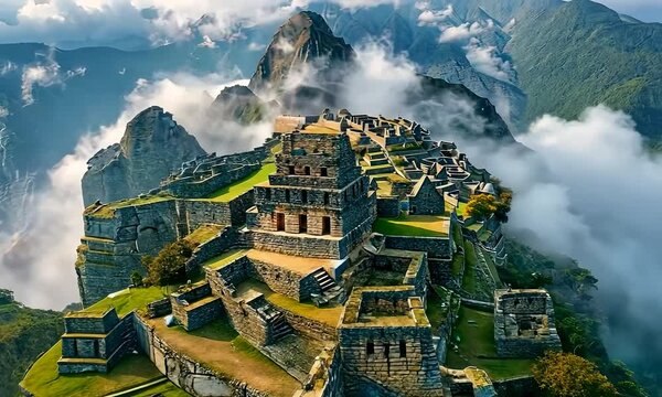 Ancient city in Peru, archeological site in the middle of tropical mountain forest, beautiful panorama with mountains and clouds