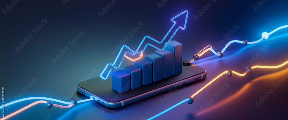 Poster futuristic financial growth graph with rising bars and an upward arrow on a smartphone screen, symbo