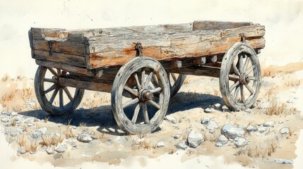 Obraz premium Antique wooden wagon rests on dusty, rocky ground; faded, watercolor style