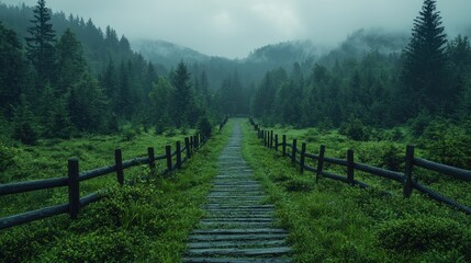 Fototapeta premium Misty forest path through green meadow, tranquil landscape, serene nature scene, inspiring image, suitable for wallpaper or background use