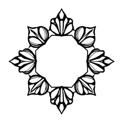 Black and white ornamental geometric floral design. A symmetrical, linear, floral pattern.