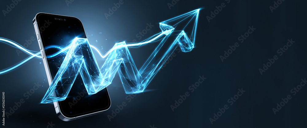 Aufkleber Futuristic 3D graph with an upward trend glowing on a smartphone, symbolizing data analysis, financial growth, and business success in the digital age.