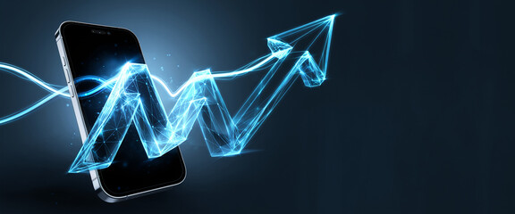Futuristic 3D graph with an upward trend glowing on a smartphone, symbolizing data analysis, financial growth, and business success in the digital age.