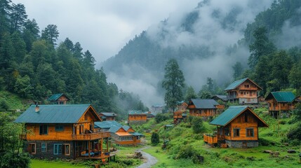 Misty Mountain Village, Wooden Homes, Lush Green Valley