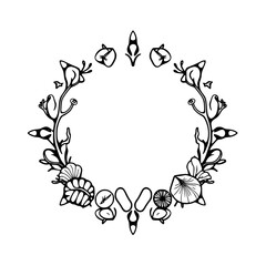 Elegant Black and White Floral Wreath in a Circle Design, with detailed stylized depiction.