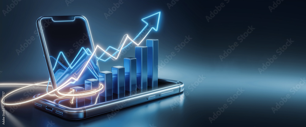 Poster a high-quality 3d render of a futuristic mobile phone displaying a glowing financial growth graph, r