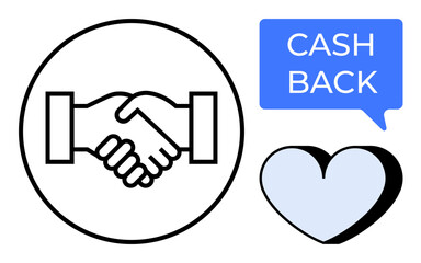 Handshake in circle, blue speech bubble with Cash Back, light blue heart with shadow. Ideal for business, partnerships, agreements, loyalty programs, customer relations finance and trust. Modern