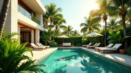 Luxury Residence with Sparkling Pool and Lush Tropical Landscaping Under Sunny Skies