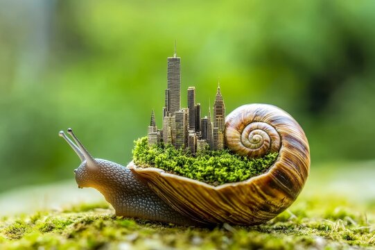 A snail carrying a tiny city on its shell representing the slow but steady growth of civilization.