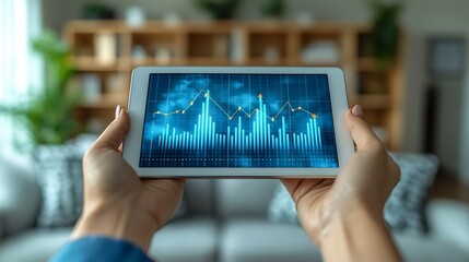 Person holding a tablet displaying financial graphs in a cozy living room setting