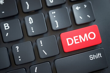 Demo - demonstration of a product or technique, text button on keyboard 
