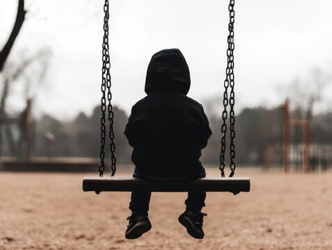 Lonely child on playground swing in overcast weather