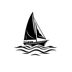 Silhouette of a sailboat navigating the sea, against a stark white backdrop.