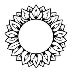 Black and White Sunflower Illustration: Circular design with a central, open circle surrounded by a petal and leaf design.