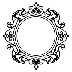 Black and white, intricate vintage filigree frame with a circular empty space in the middle.