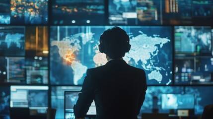 A person is seated in front of a large array of screens displaying numerous video feeds, likely participating in a virtual conference or monitoring multiple live streams. The setup suggests a high-tec