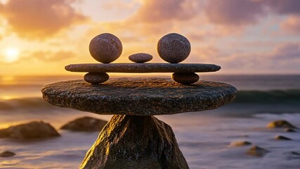 Balance and tranquility are achieved with stacked stones at the beach during sunset