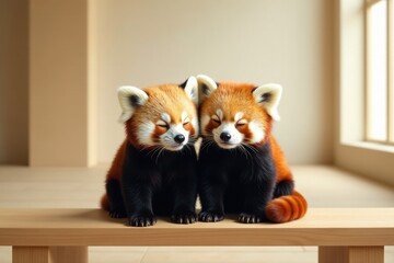 Obraz premium Two adorable red pandas cuddling on a wooden bench, a heartwarming scene of wildlife companionship in a tranquil indoor setting.
