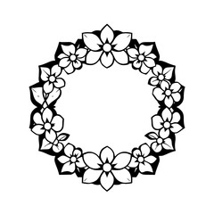 Black and white floral wreath illustration of a circular flower arrangement.