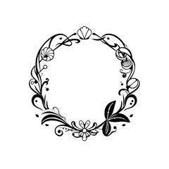 Ornate Black and White Circular Floral Frame Depicting Floral Design.