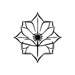 Black and white minimalist vector illustration of a flower design, floral symmetry, graphic design, star-like floral outline, eight-petaled geometry, and an eight-sided flower.