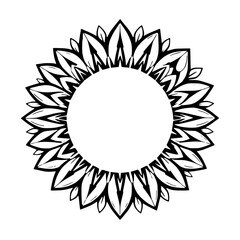 Black and white floral mandala, showing the flower's petals arranged around a central white circle.