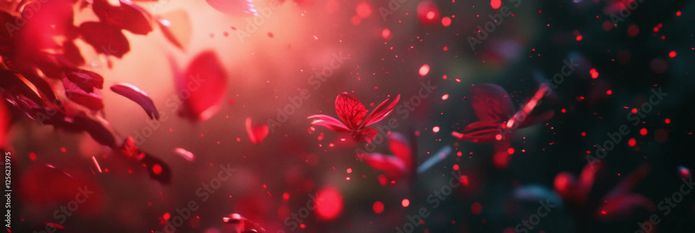 Poster crimson flashes create a vibrant textured overlay filled with dynamic elements