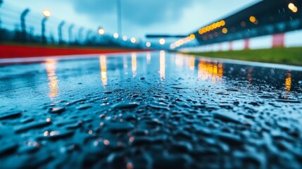 Obraz premium A Stunning Low-Angle Shot of a Wet Racetrack at Dusk - Wet asphalt, raindrops, reflections, speed, race, competition, twilight, dramatic, low angle
