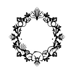 Decorative Floral Wreath, Black & White Vector Illustration of a Floral Design.